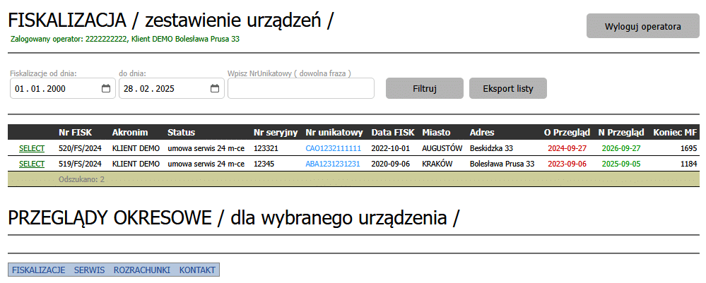 Portal klienta - podgląd urządzeń fiskalnych